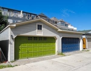 double garage doors painted green and blue