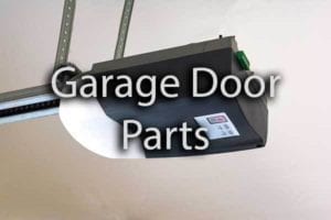 A close-up of a garage door motor with the words, "garage door parts."