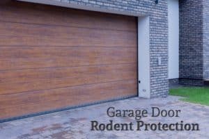 A wooden garage door beside the words "Garage Door Rodent Protection"